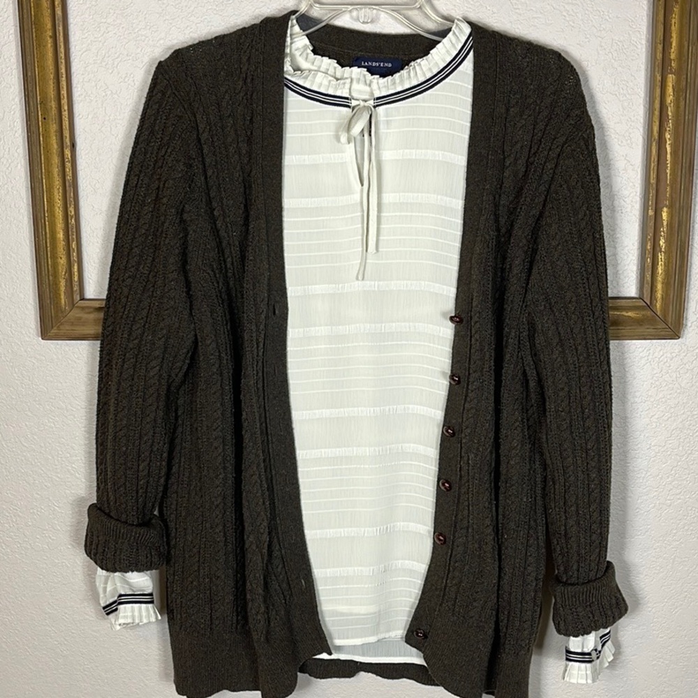 Lands End Brown Grandpa Sweater Cardigan With Vintage Buttons Medium